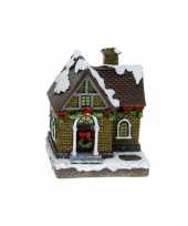 1x polystone kersthuisjes kerstdorpje huisjes grijze schoorsteen met verlichting 13 5 cm